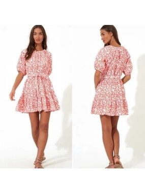 Oliphant Women’s 🌹Coral Floral Print Ruffle Hem Dress